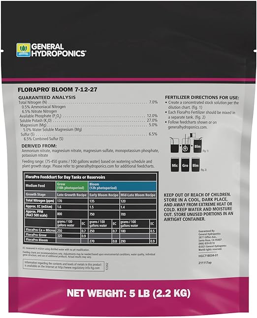 General Hydroponics FloraPro Bloom 7-12-27, Nutrient for Commercial Cultivation, 5 lbs.