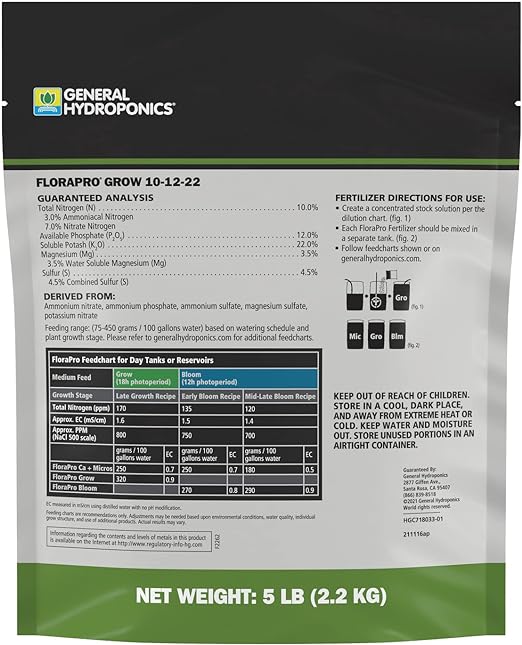 General Hydroponics FloraPro Grow 10-12-22, Nutrient for Commercial Cultivation, 5 lbs.